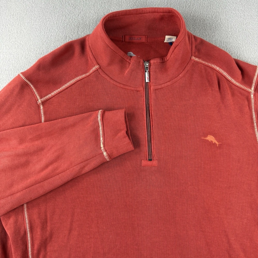 Tommy Bahama Relax Mens XL Red Ribbed Cotton Quarter Zip Pullover Sweater